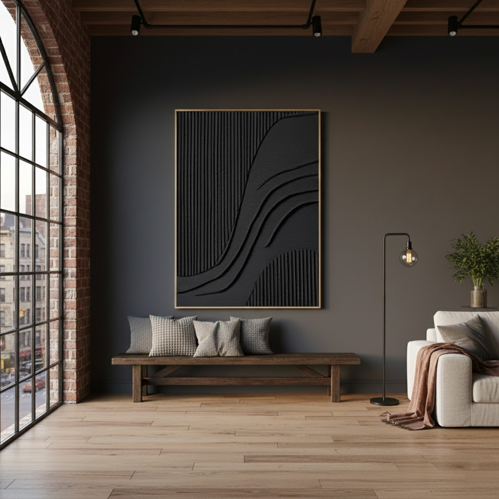 Black Minimalist Textured Canvas Art #BM50 ArtiQuo