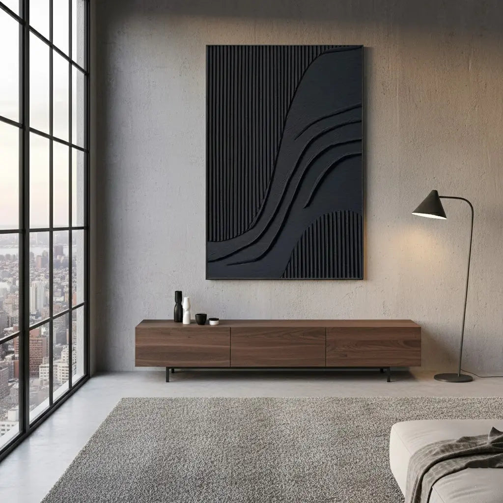 Black Minimalist Textured Canvas Art #BM50 ArtiQuo