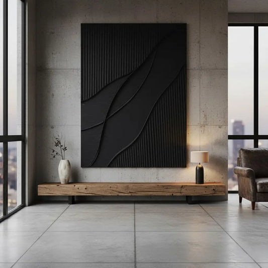 Black Plaster Art Minimalist Textured Painting #P53 ArtiQuo