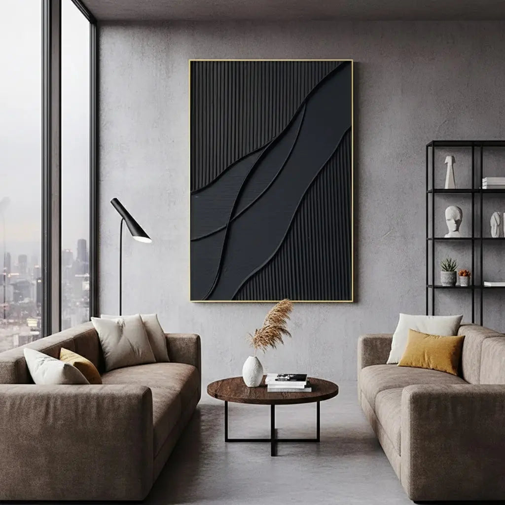 Black Plaster Art Minimalist Textured Painting #P53 ArtiQuo