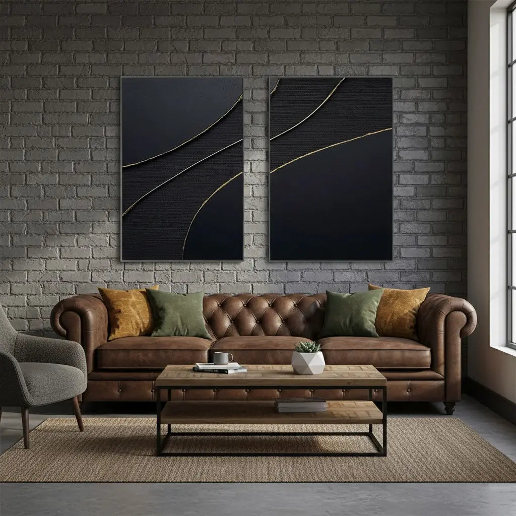 Black Gold Minimalist Textured Paintings Set of 2 #P65 ArtiQuo