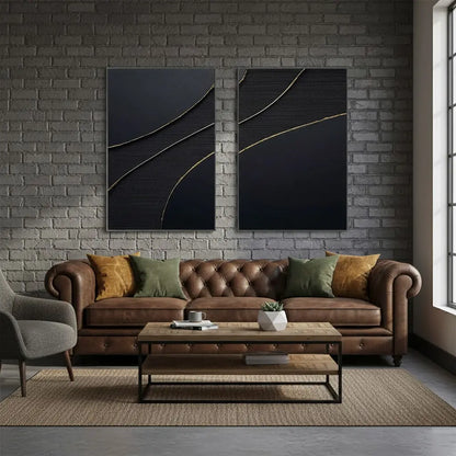Black Gold Minimalist Textured Paintings Set of 2 #P65 ArtiQuo
