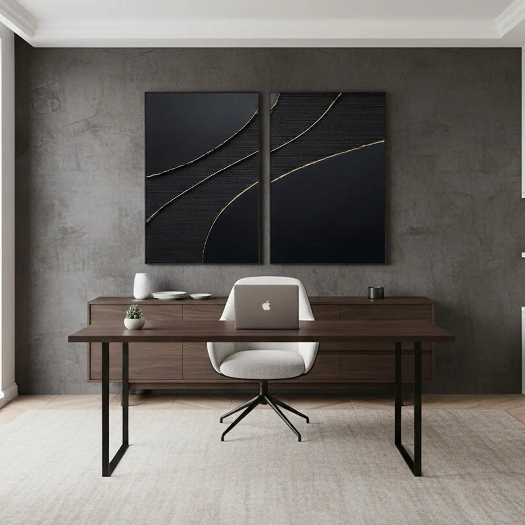 Black Gold Minimalist Textured Paintings Set of 2 #P65 ArtiQuo