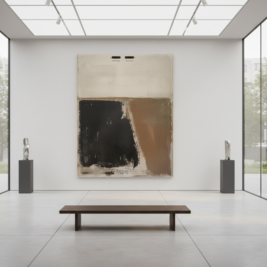 Modern art gallery with abstract painting and sculptures.