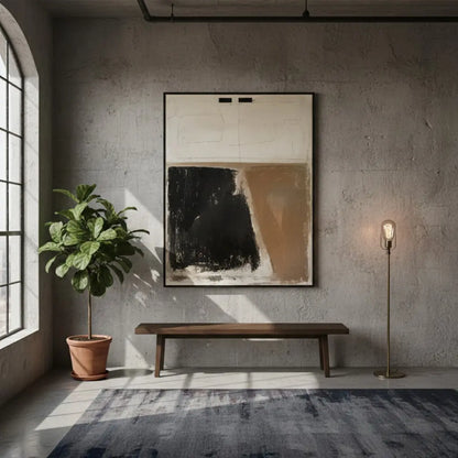 Modern interior with abstract painting, wooden bench, plant, and floor lamp.