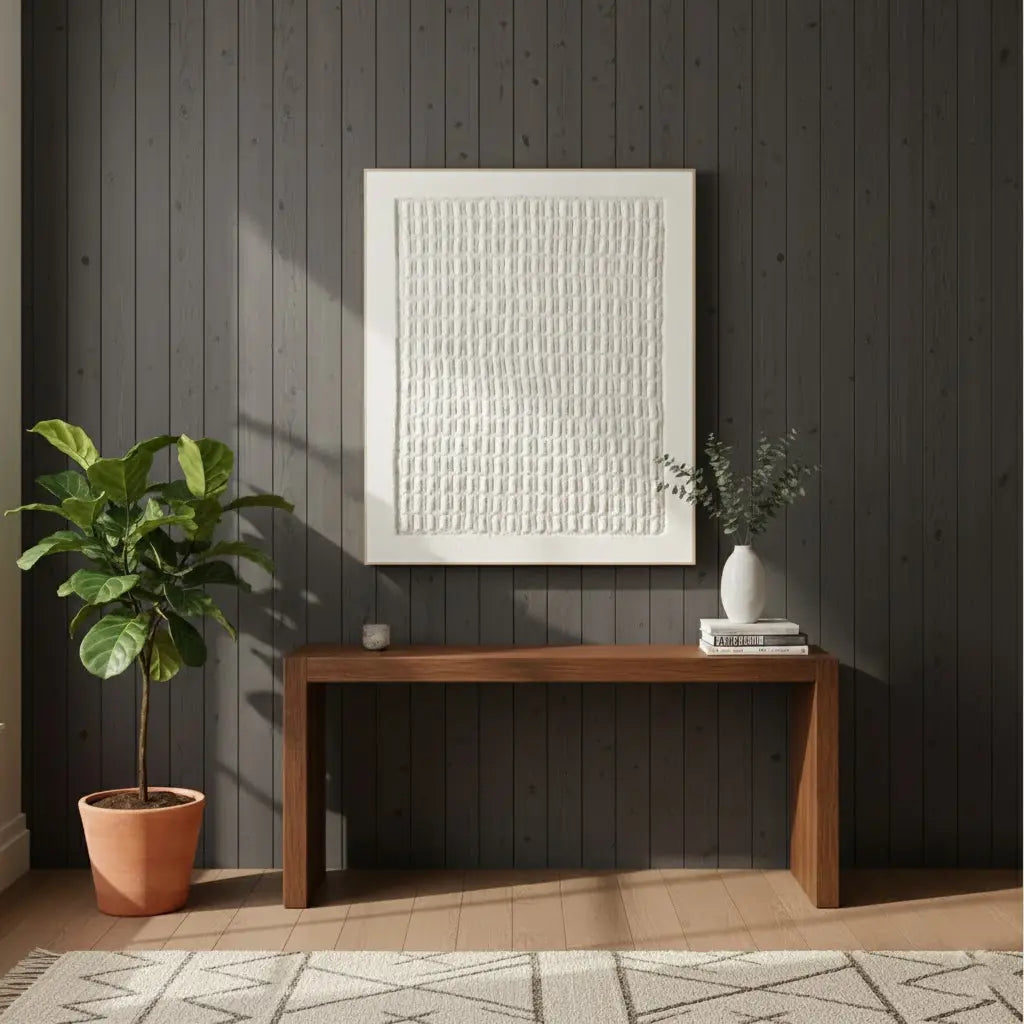 Wooden console table against a dark paneled wall with a plant and decorative items.