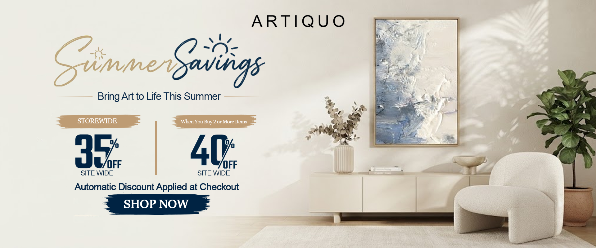 Promotional banner for ARTIQUO Summer Savings featuring a modern living room scene with a framed abstract art print on the wall, a white chair, and a plant, alongside discount text and a SHOP NOW button.